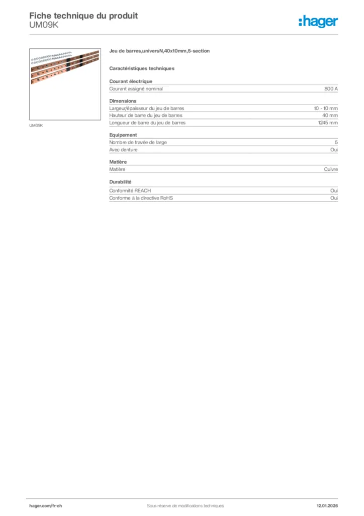 Image Hager Fiche technique du produit UM09K | Hager Suisse