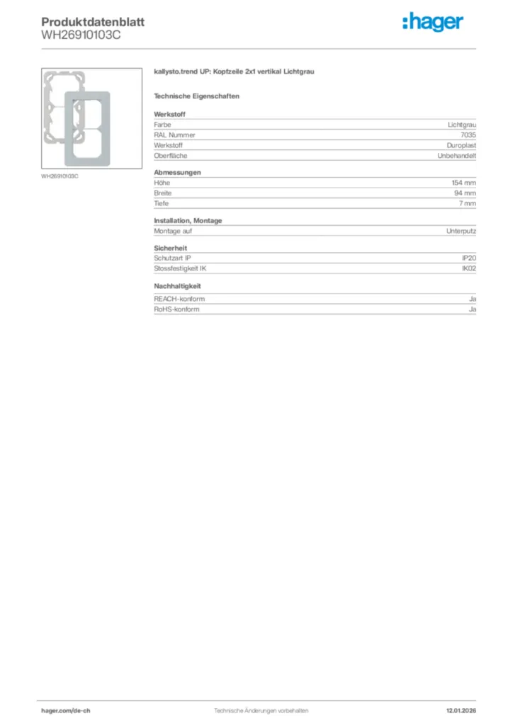 Bild Hager Produktdatenblatt WH26910103C | Hager Schweiz