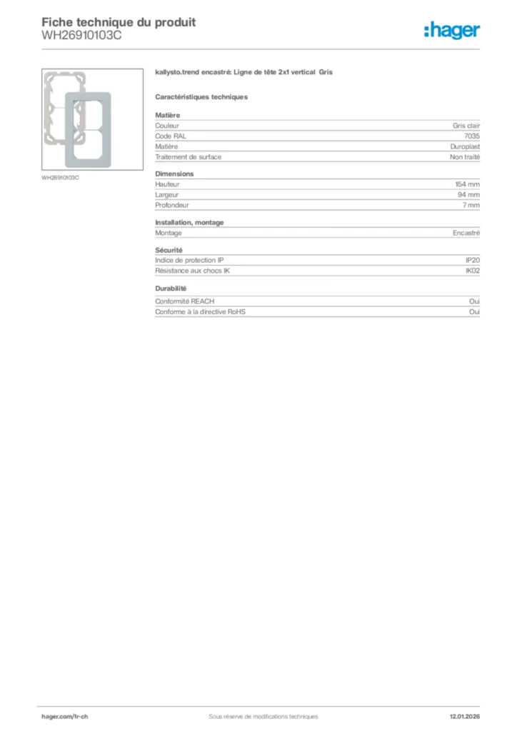 Image Hager Fiche technique du produit WH26910103C | Hager Suisse