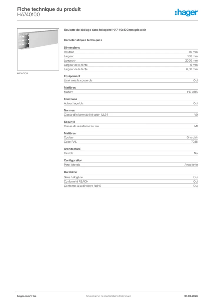 Image Hager Fiche technique du produit HA740100 | Hager Belgique