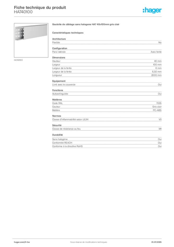 Image Hager Fiche technique du produit HA740100 | Hager Belgique
