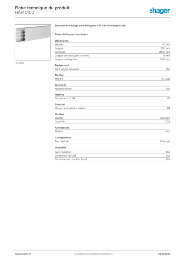 Image Hager Fiche technique du produit HA740100 | Hager Suisse