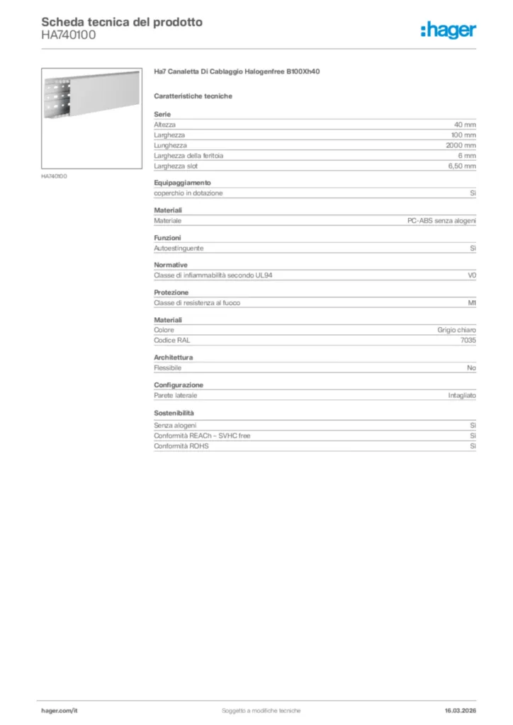 Immagine Hager Scheda tecnica del prodotto HA740100 | Hager Italia
