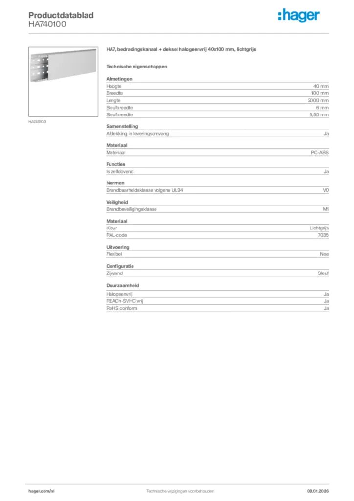 Afbeelding Hager Productdatablad HA740100 | Hager Nederland