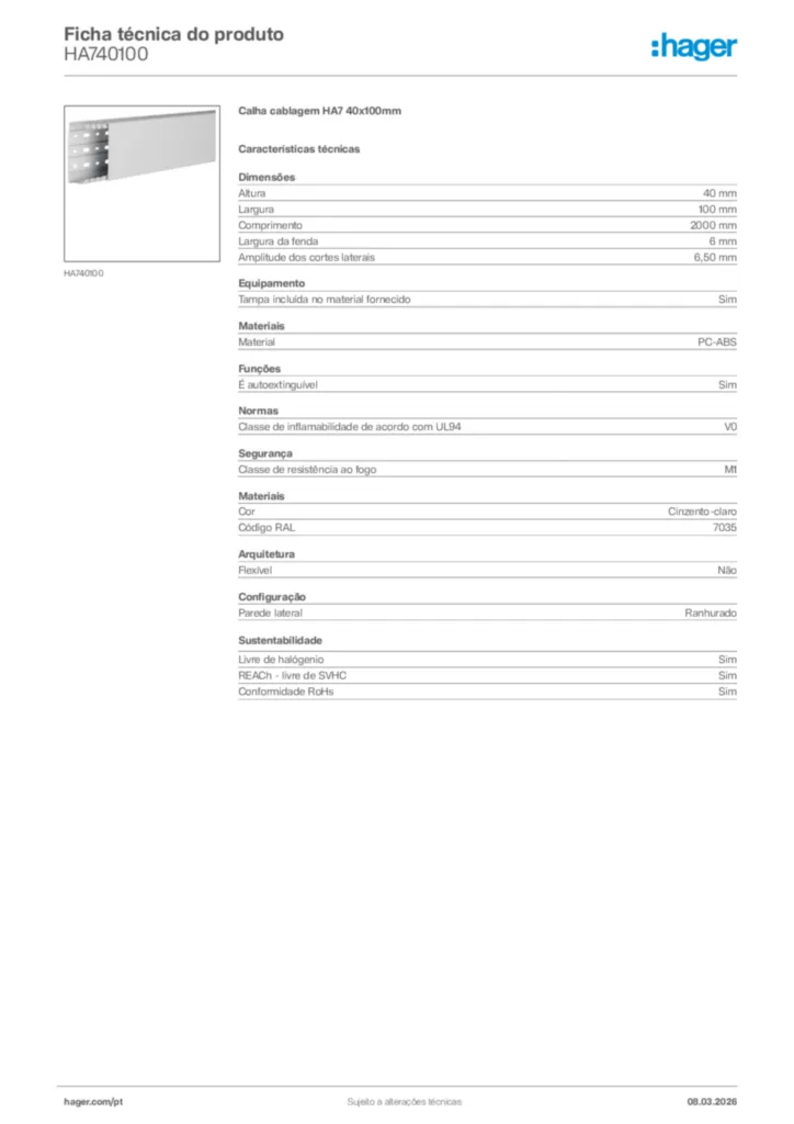 Imagem Hager Ficha técnica do produto HA740100 | Hager Portugal
