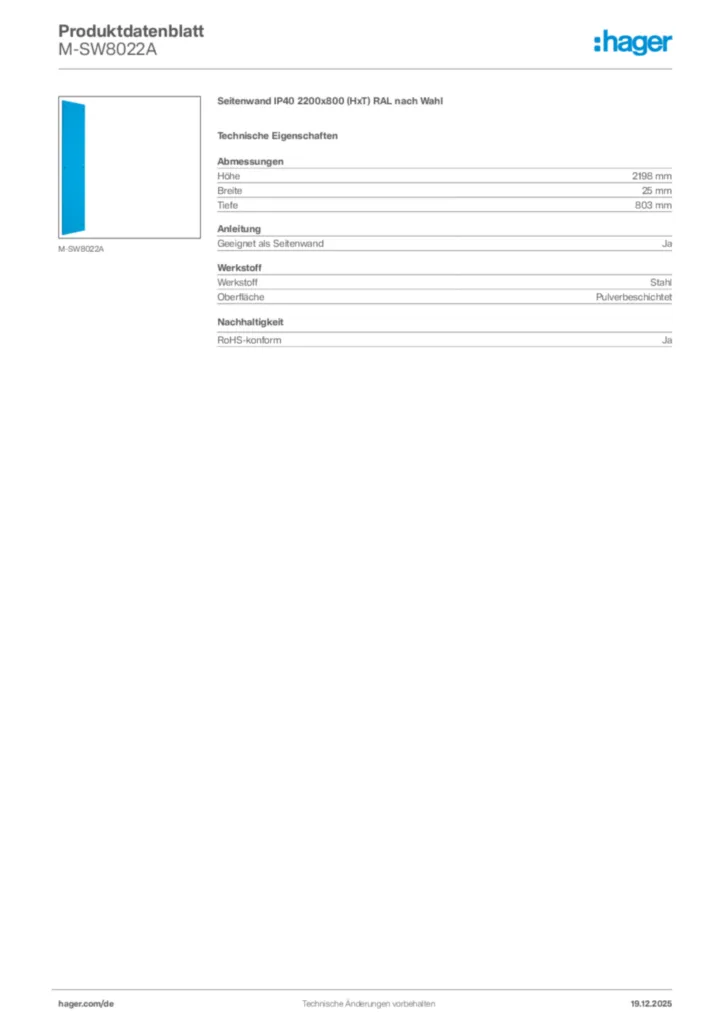 Bild Hager Produktdatenblatt M-SW8022A | Hager Deutschland