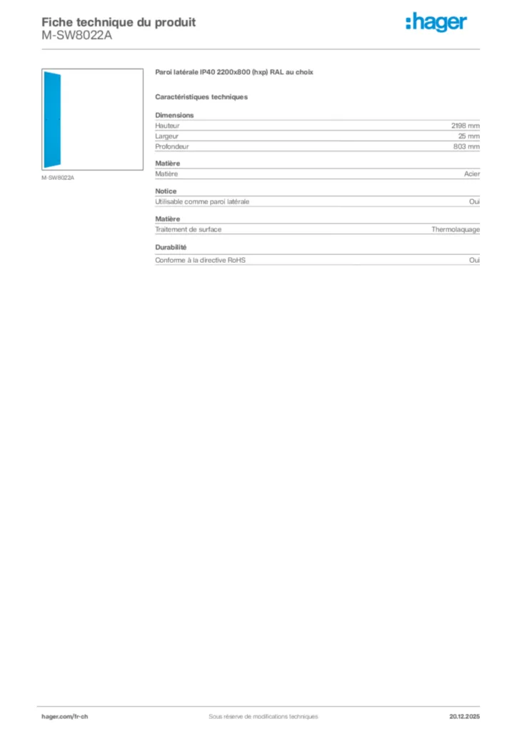 Image Hager Fiche technique du produit M-SW8022A | Hager Suisse