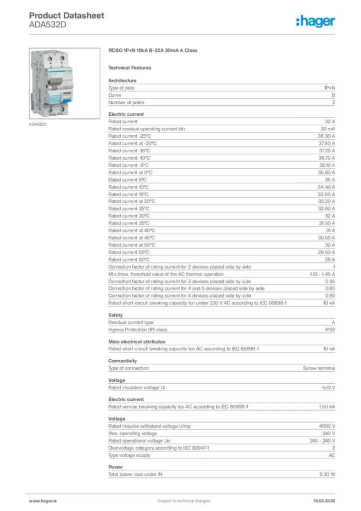 Image Hager Product data sheet ADA532D  | Hager