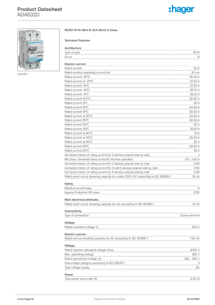 Image Hager Product data sheet ADA532D  | Hager