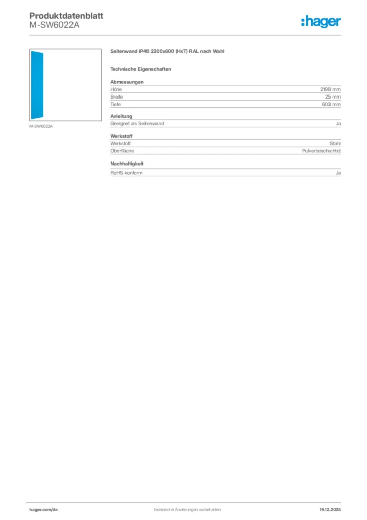 Bild Hager Produktdatenblatt M-SW6022A | Hager Deutschland
