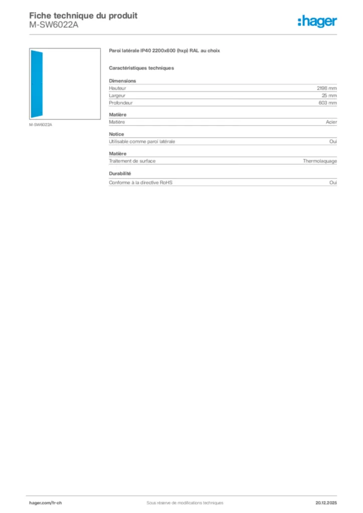Image Hager Fiche technique du produit M-SW6022A | Hager Suisse