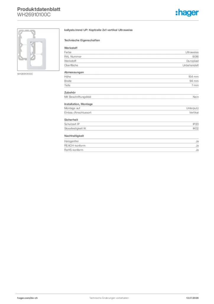 Bild Hager Produktdatenblatt WH26910100C | Hager Schweiz