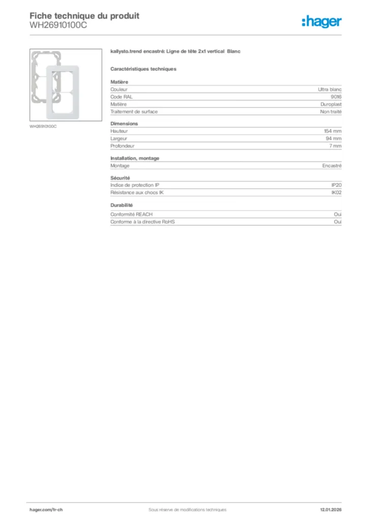 Image Hager Fiche technique du produit WH26910100C | Hager Suisse