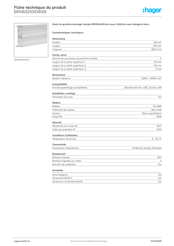 Image Hager Fiche technique du produit BRH652101D9016 | Hager Suisse