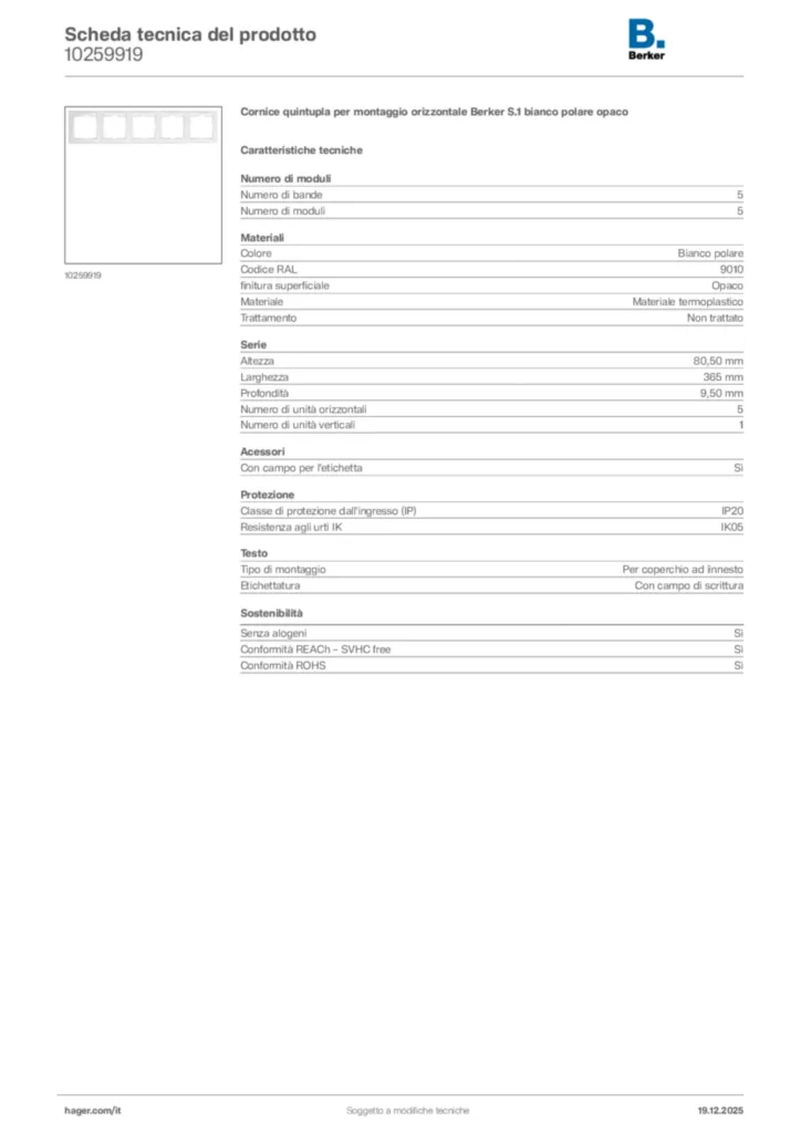 Immagine Berker Scheda tecnica del prodotto 10259919 | Hager Italia