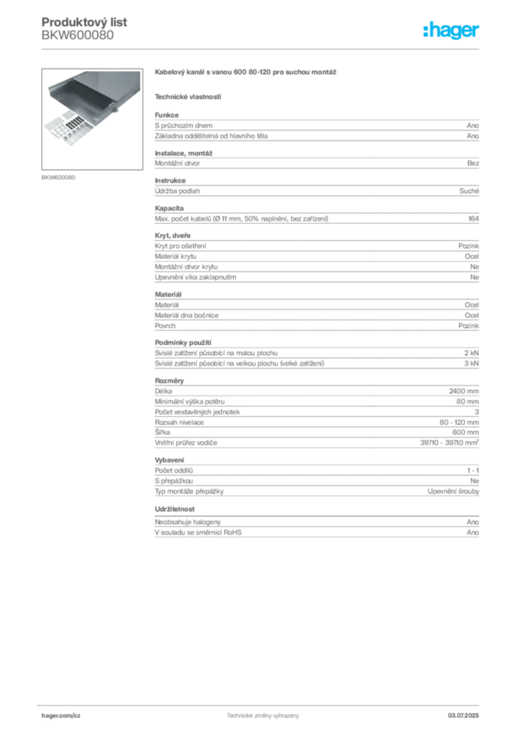Obrázek Hager Produktový list BKW600080 | Hager