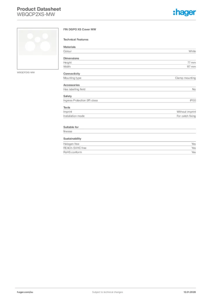 Image Hager Product data sheet WBQCP2XS-MW  | Hager Australia