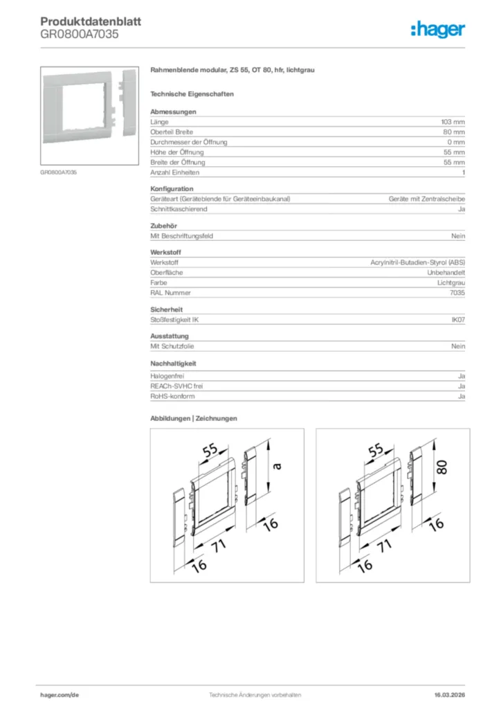 Bild Hager Produktdatenblatt GR0800A7035 | Hager Deutschland