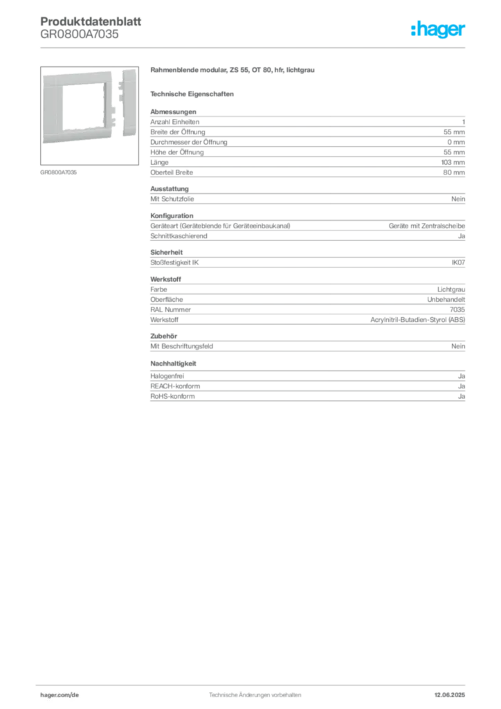 Bild Hager Produktdatenblatt GR0800A7035 | Hager Deutschland