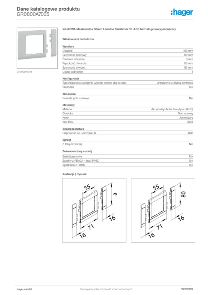Zdjęcie Hager Karta katalogowa GR0800A7035 | Hager Polska