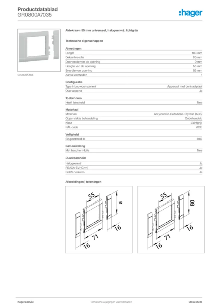 Afbeelding Hager Productdatablad GR0800A7035 | Hager Nederland