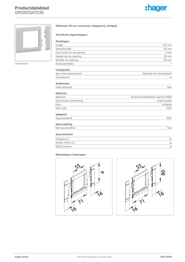 Afbeelding Hager Productdatablad GR0800A7035 | Hager Nederland