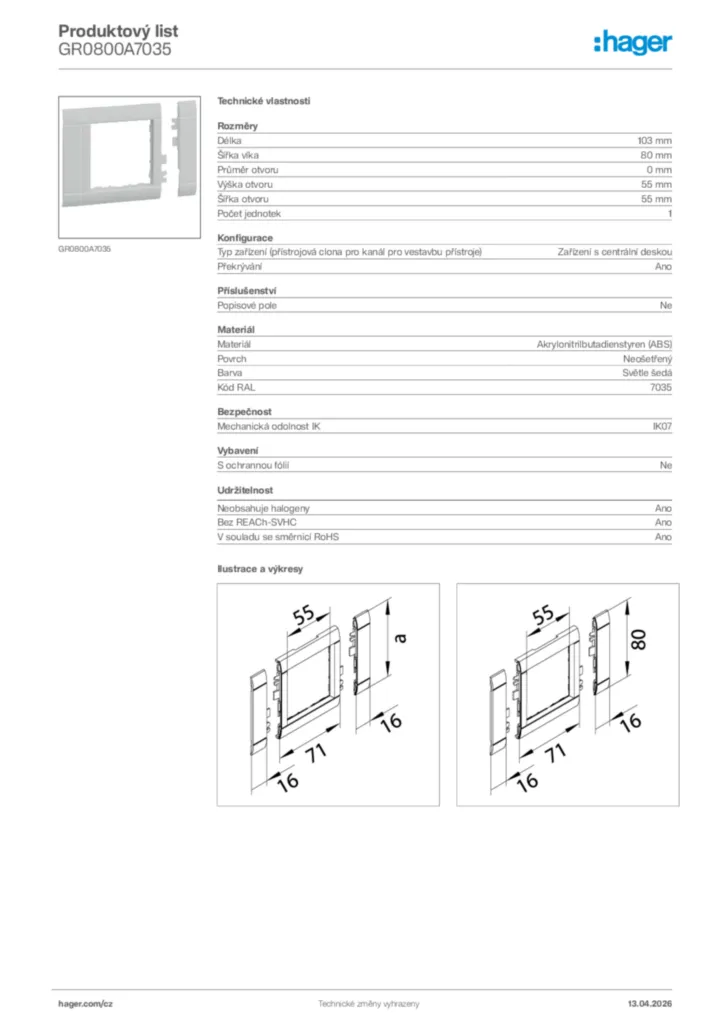Obrázek Hager Product data sheet GR0800A7035 | Hager