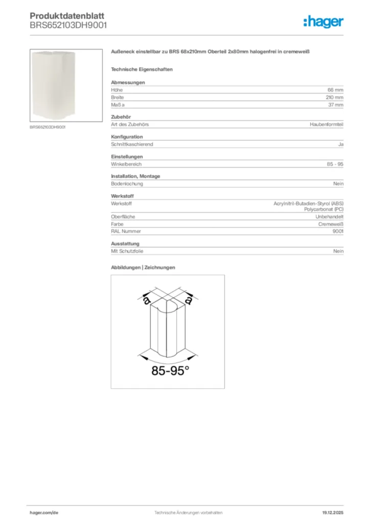Bild Hager Produktdatenblatt BRS652103DH9001 | Hager Deutschland
