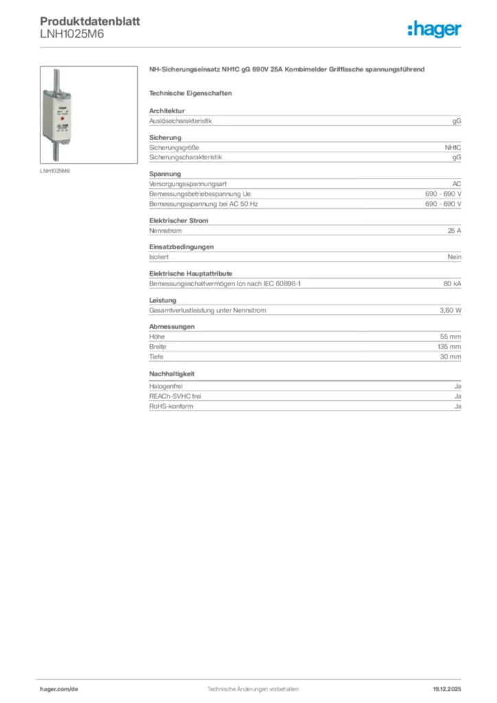 Bild Hager Produktdatenblatt LNH1025M6 | Hager Deutschland