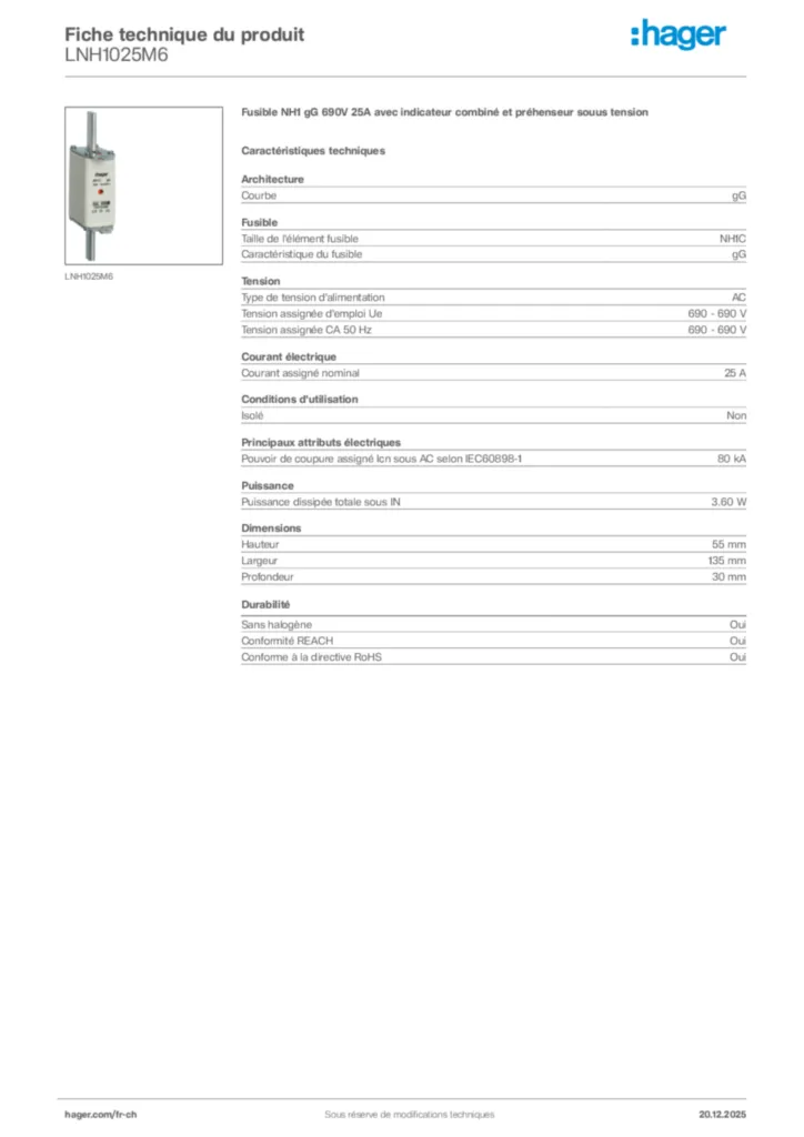 Image Hager Fiche technique du produit LNH1025M6 | Hager Suisse