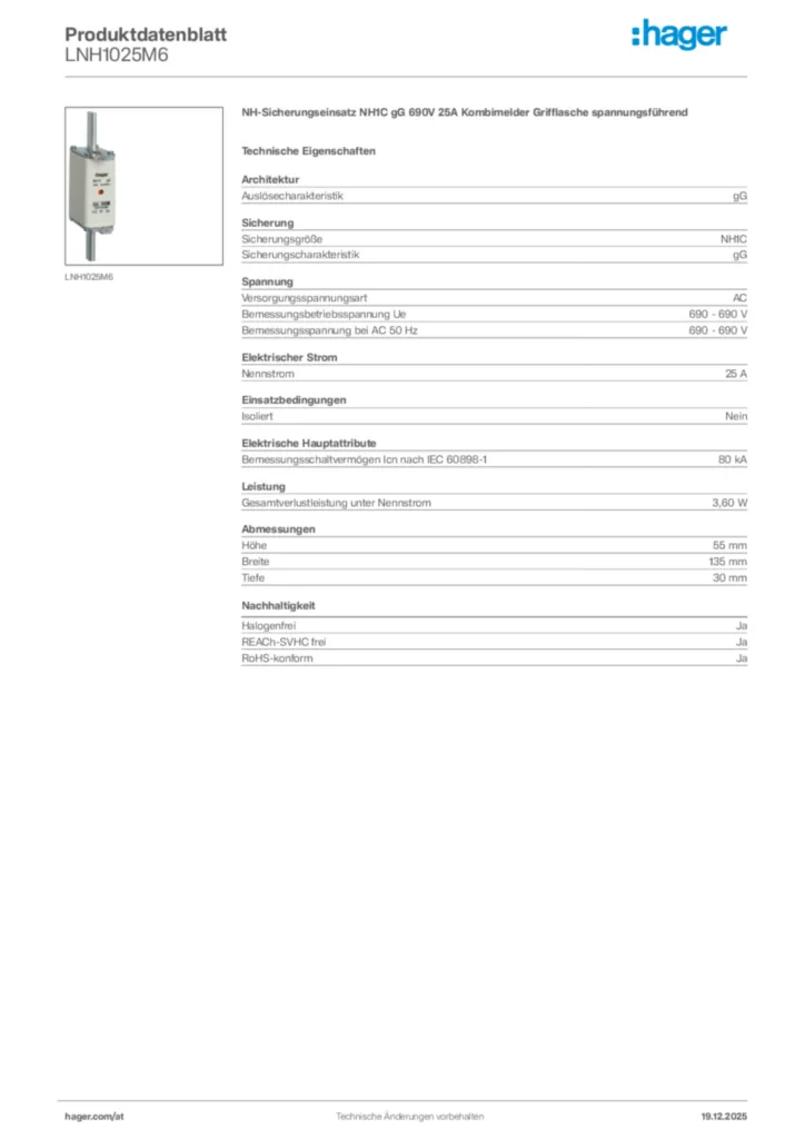Bild Hager Produktdatenblatt LNH1025M6 | Hager Deutschland