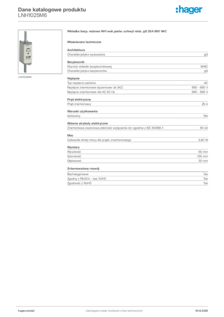 Zdjęcie Hager Karta katalogowa LNH1025M6 | Hager Polska