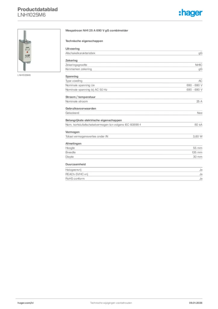Afbeelding Hager Productdatablad LNH1025M6 | Hager Nederland