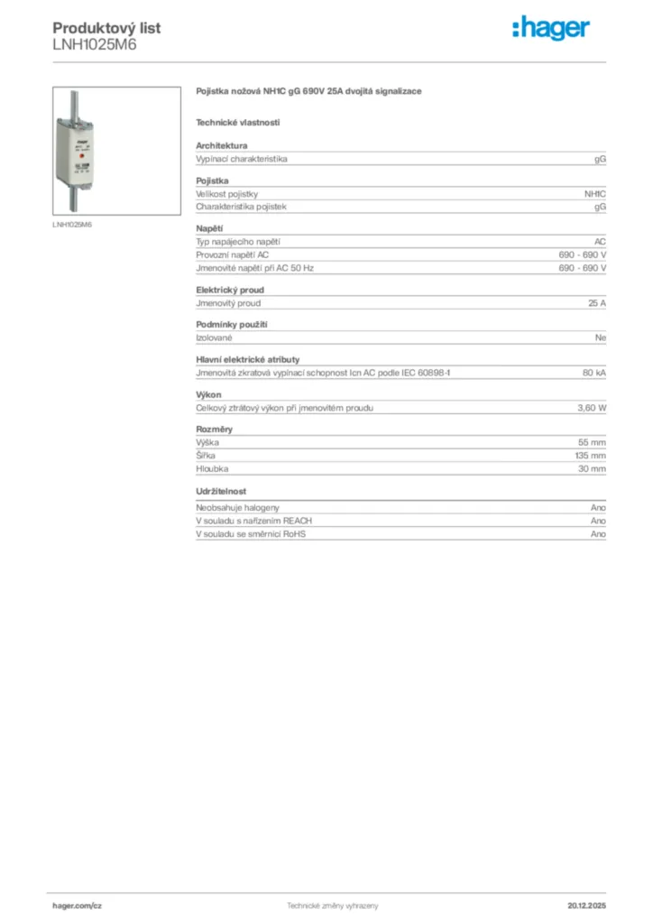 Obrázek Hager Produktový list LNH1025M6 | Hager