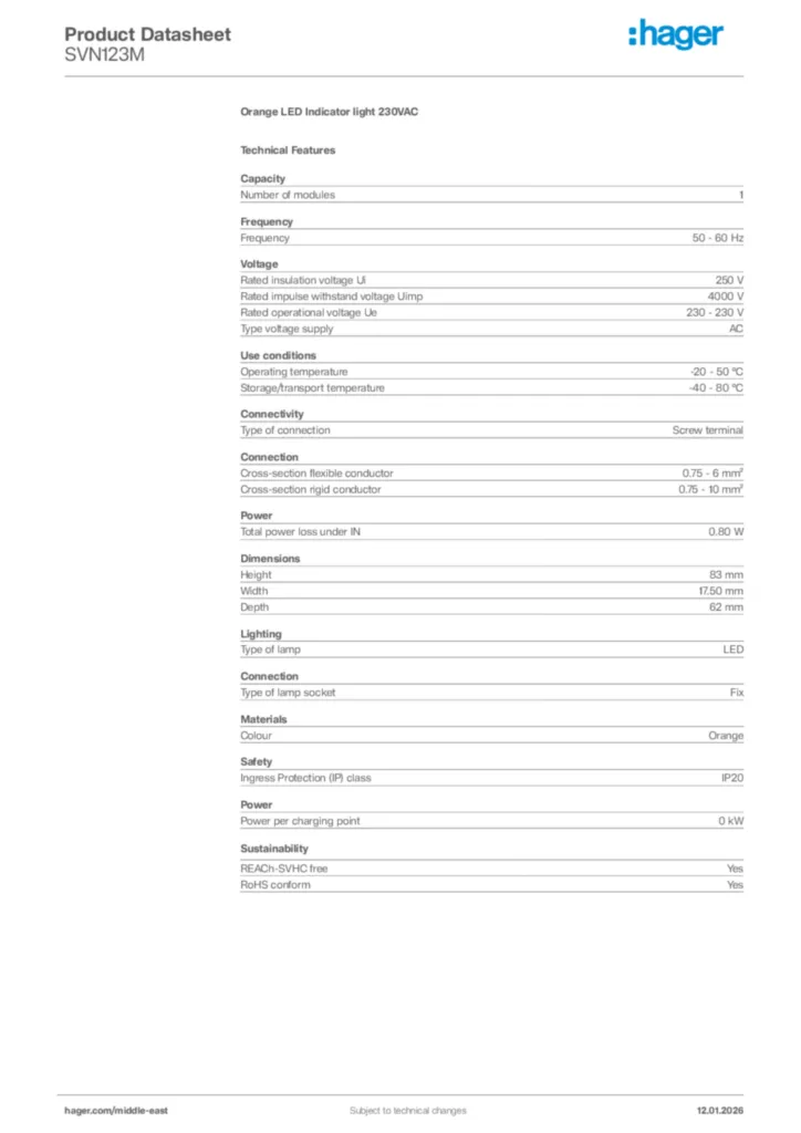 Image Hager Product data sheet SVN123M  | Hager