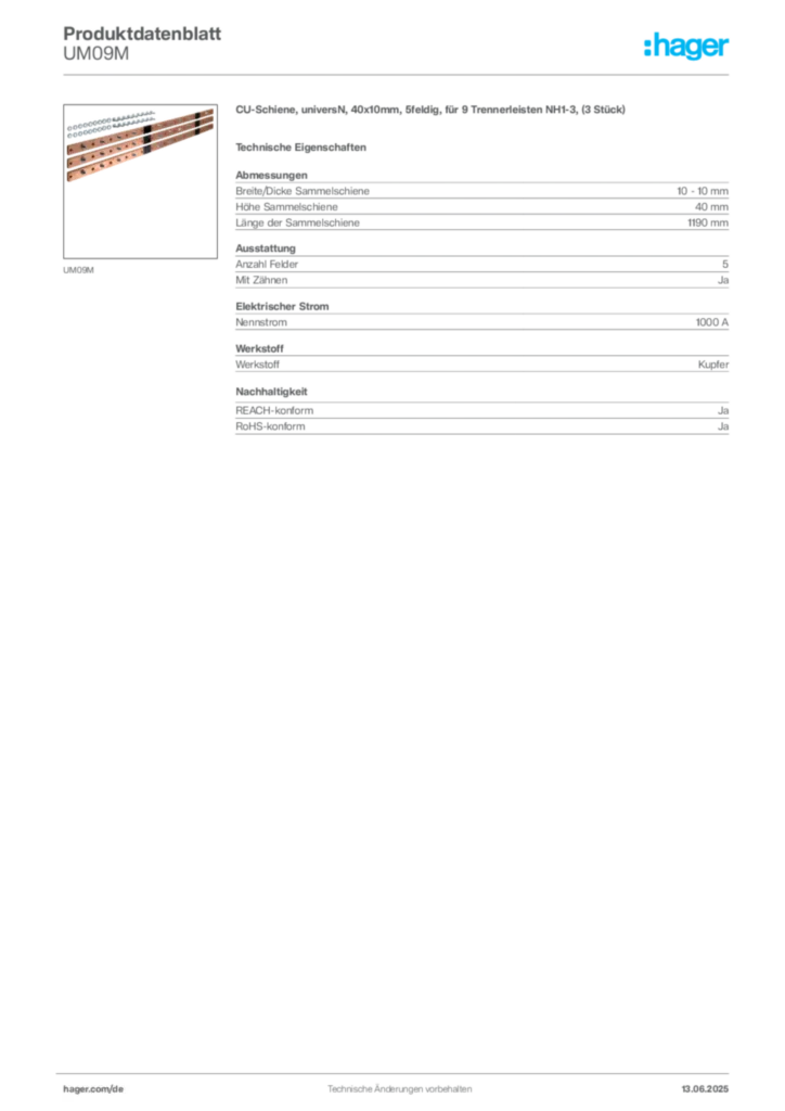 Hager Produktdatenblatt UM09M