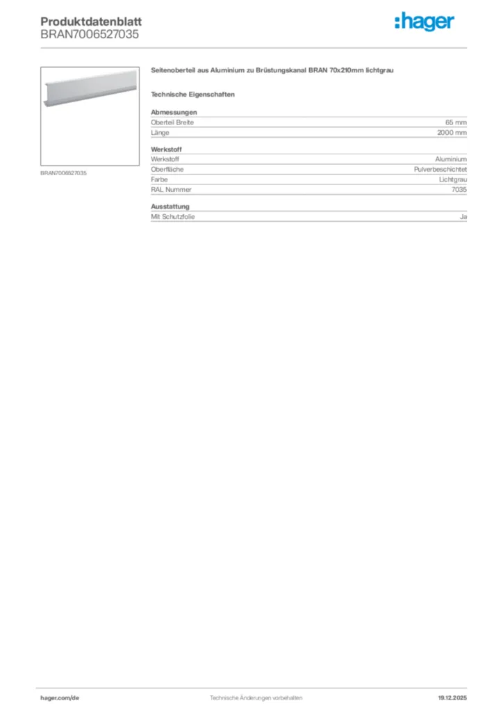 Bild Hager Produktdatenblatt BRAN7006527035 | Hager Deutschland
