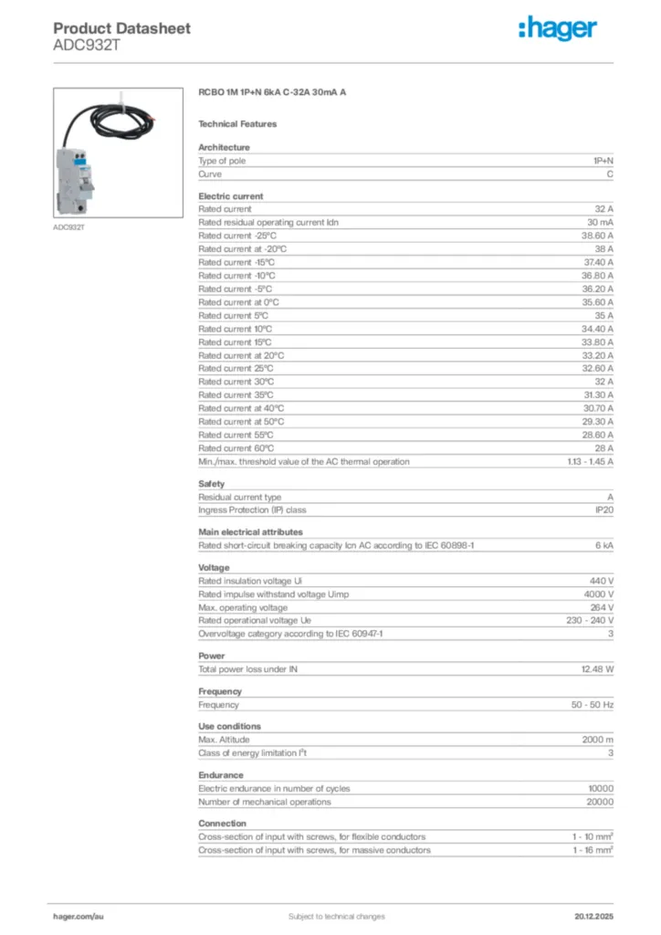Image Hager Product data sheet ADC932T  | Hager Australia