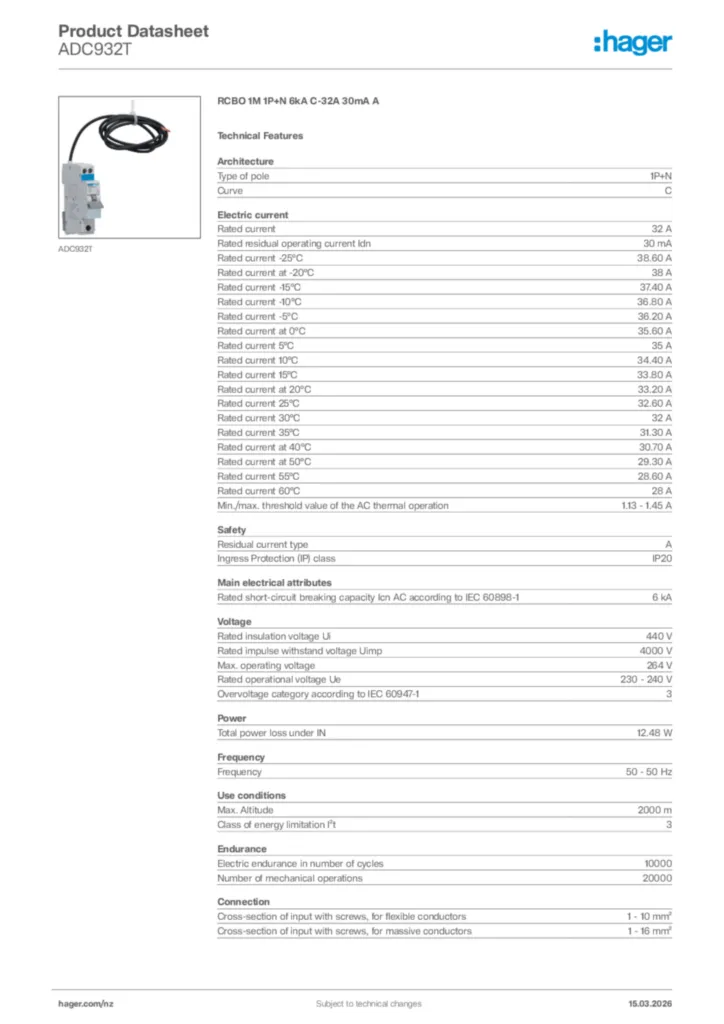 Image Hager Product data sheet ADC932T  | Hager New Zealand