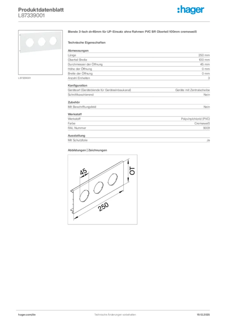 Bild Hager Produktdatenblatt L87339001 | Hager Deutschland