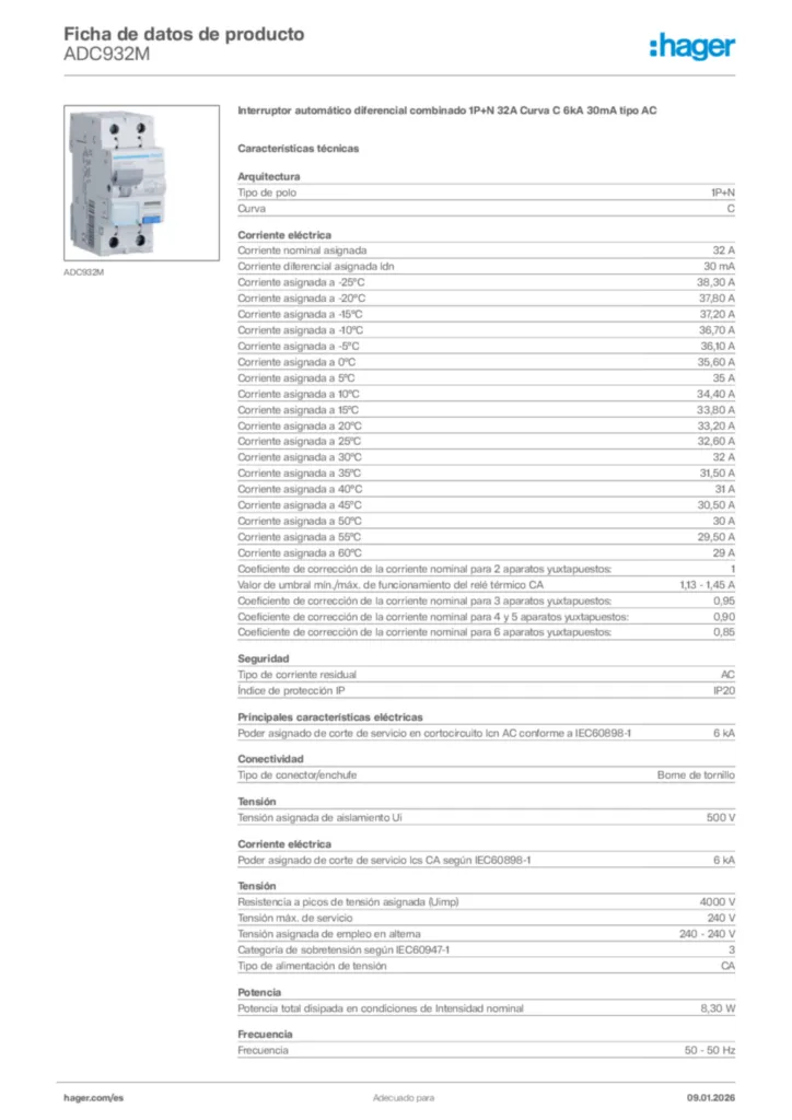 Imagen Hager Ficha de datos de producto ADC932M | Hager España
