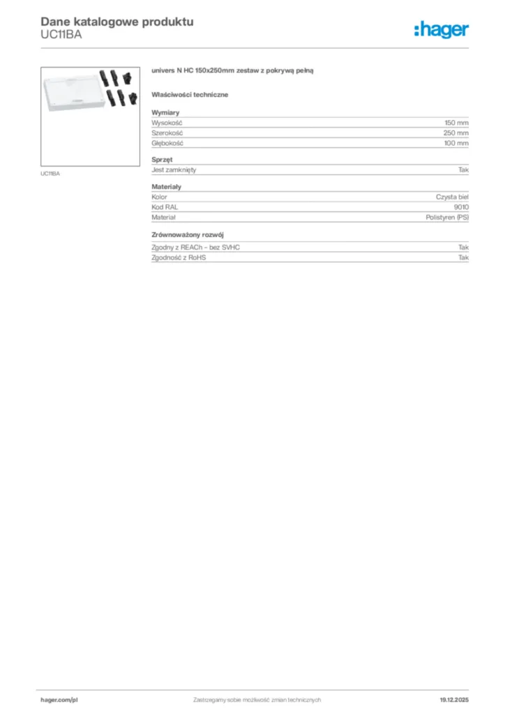 Zdjęcie Hager Karta katalogowa UC11BA | Hager Polska