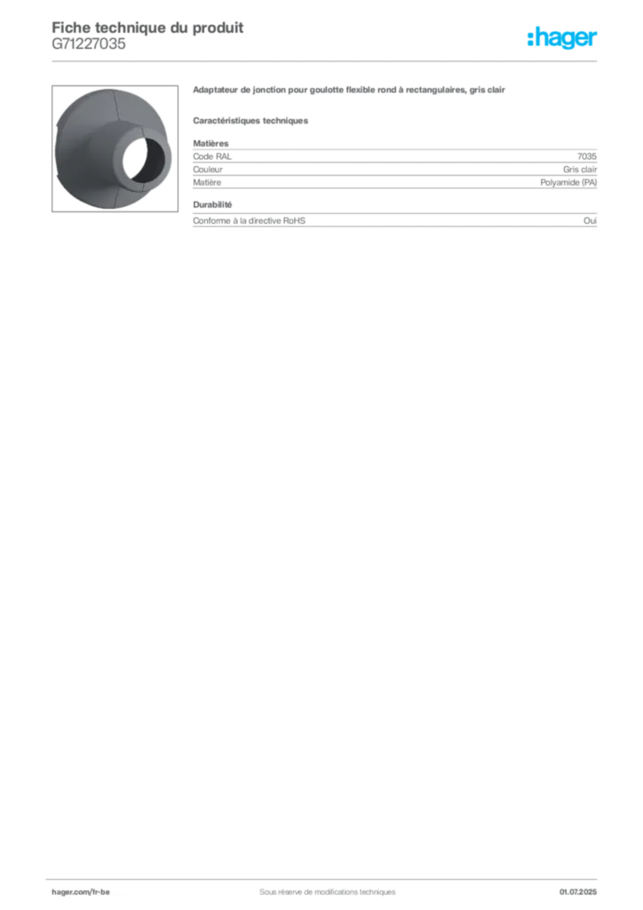 Image Hager Fiche technique du produit G71227035 | Hager Belgique