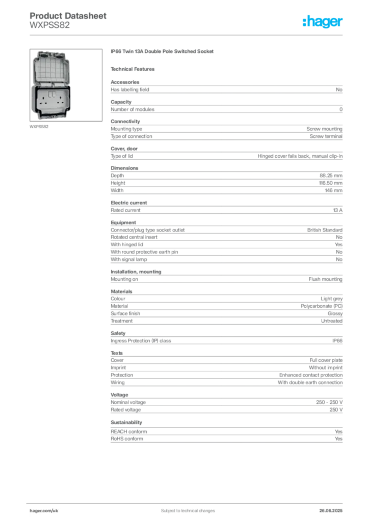 Image Hager Product data sheet WXPSS82  | Hager