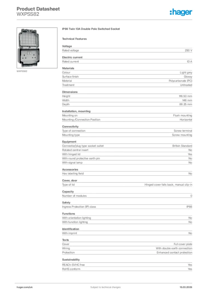 Image Hager Product data sheet WXPSS82  | Hager