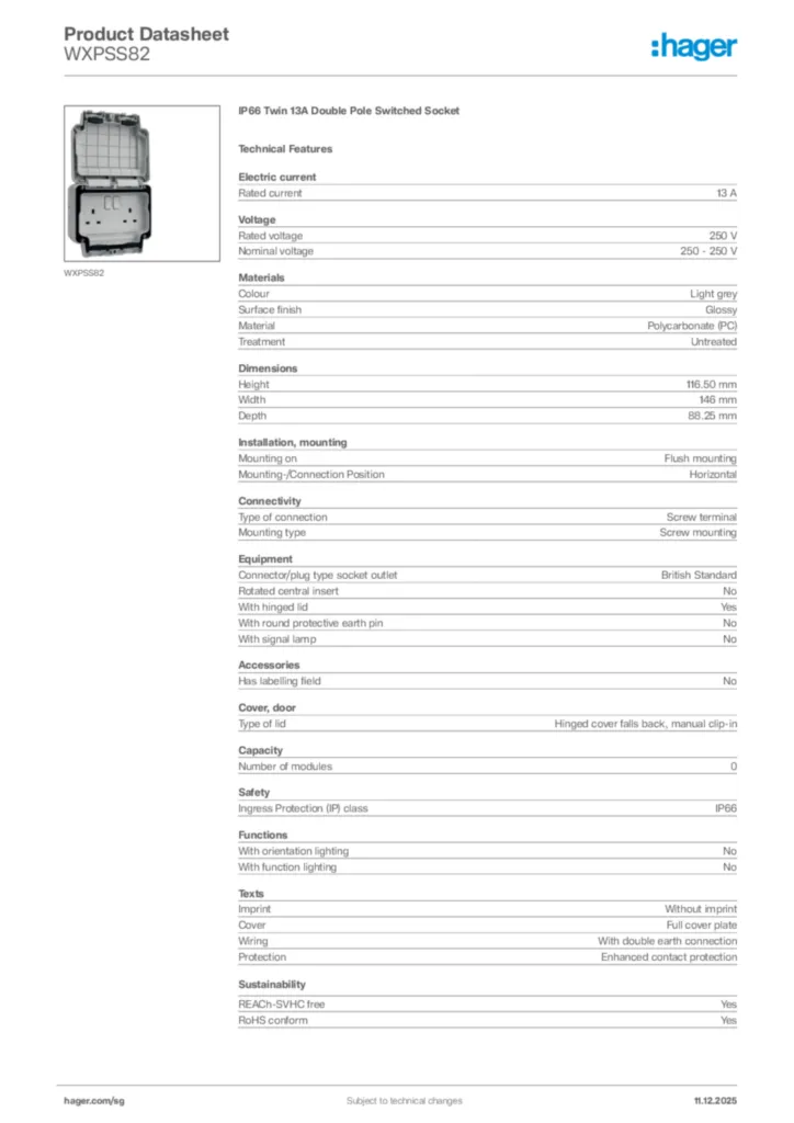 Image Hager Product data sheet WXPSS82  | Hager