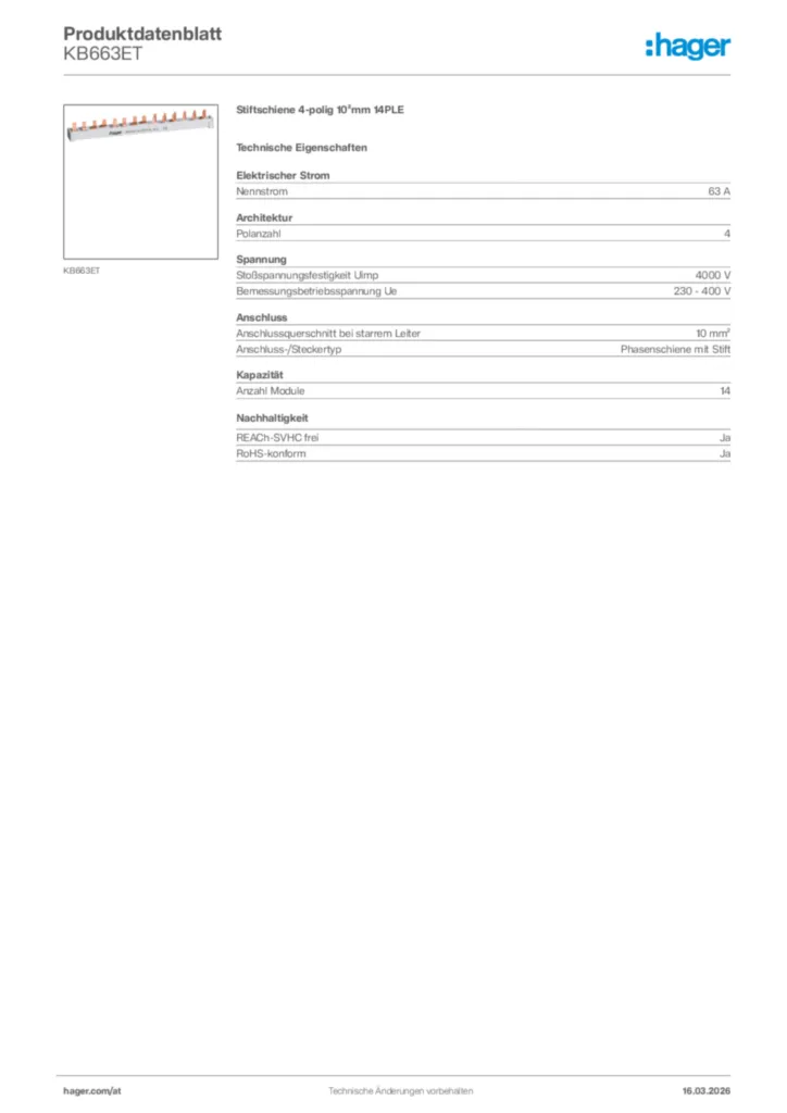 Bild Hager Produktdatenblatt KB663ET | Hager Deutschland