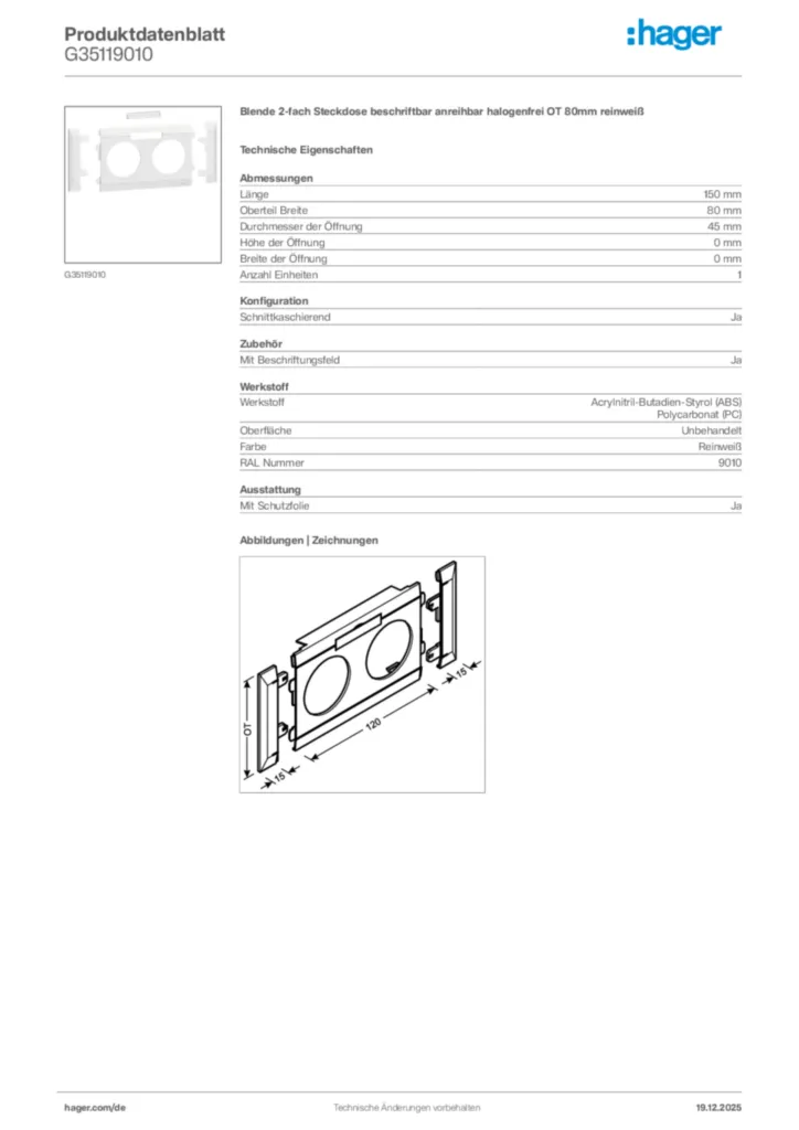 Bild Hager Produktdatenblatt G35119010 | Hager Deutschland
