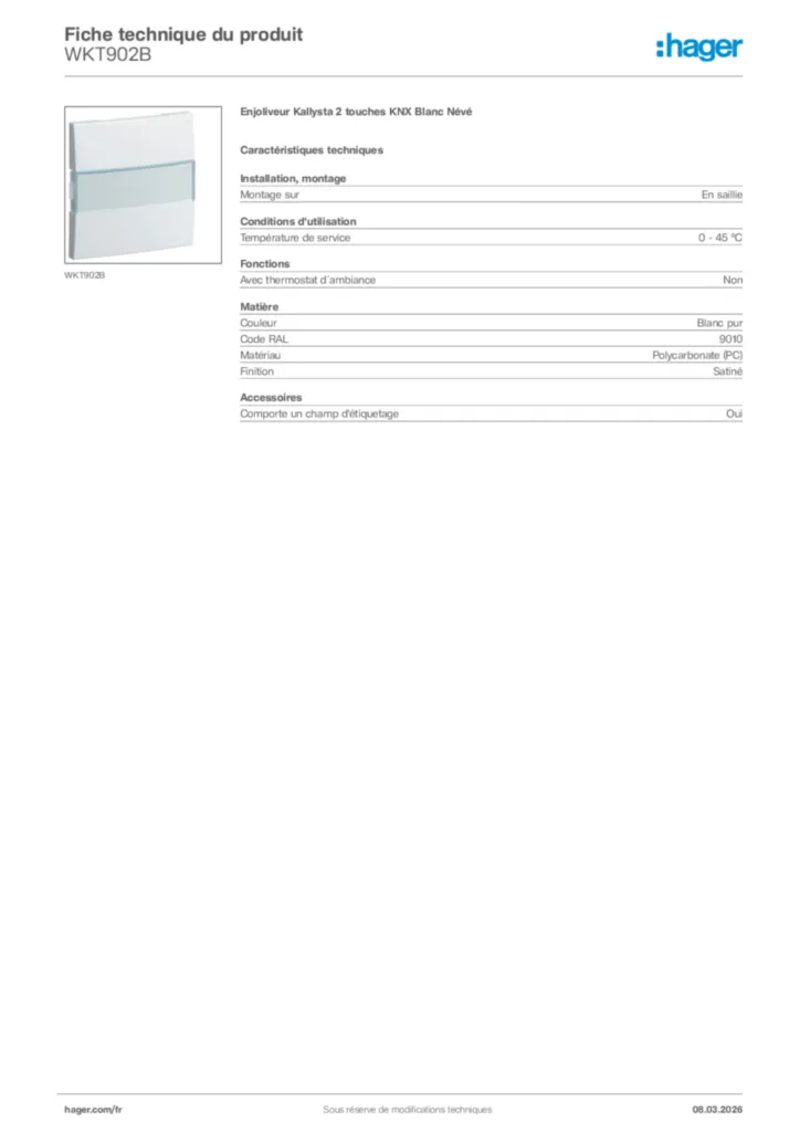 Image Hager Fiche technique du produit WKT902B | Hager France