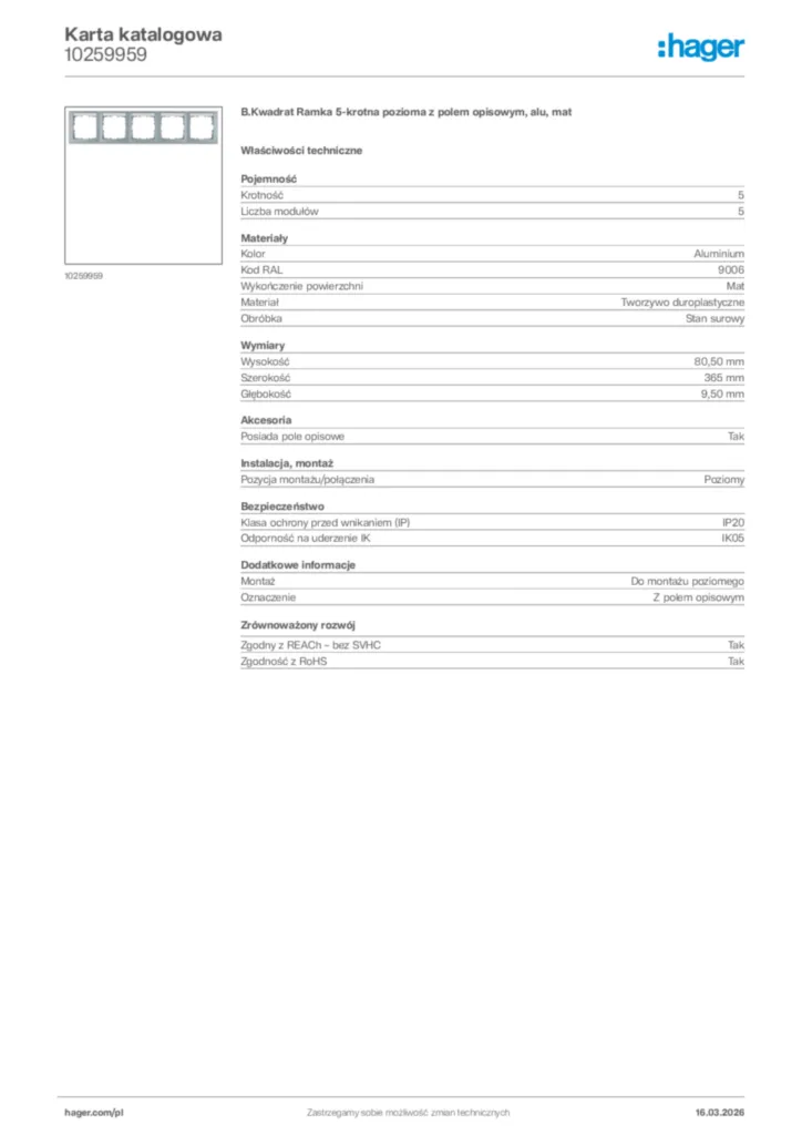 Zdjęcie Hager Karta katalogowa 10259959 | Hager Polska